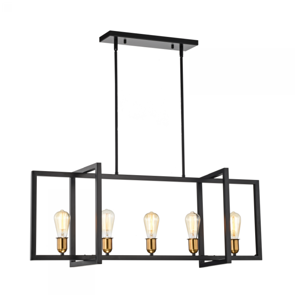 40" 5x60W-light linear pendant in Black finish with Gold Socket Rings Dimensions