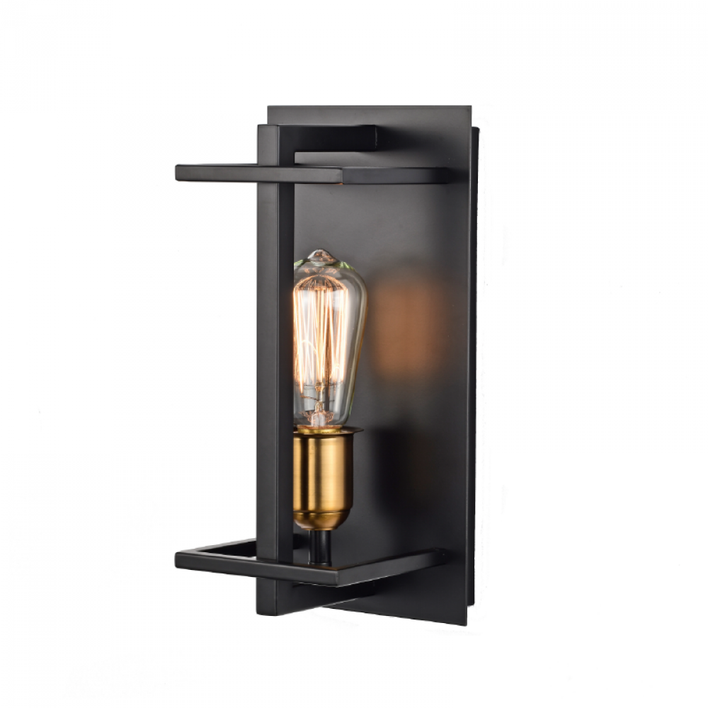 12" 1X60 w Wall sconce in Black finish with Gold socket rings, Dimensions L=6"E=4.75" H=