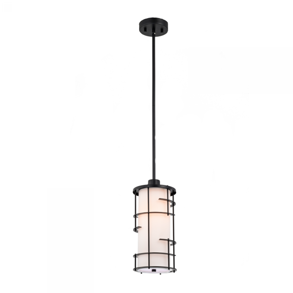 6" '1x60W-light pendant in black metal framewith white shade Dimensions