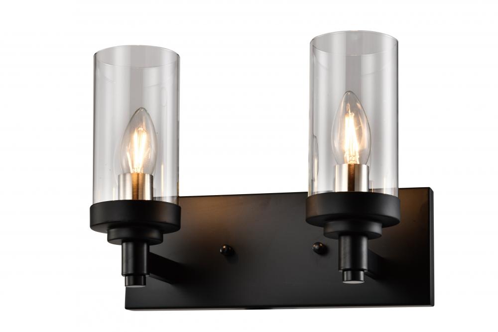 2x60 E12 vanity Light in black finish with Medium base socket with clear glass