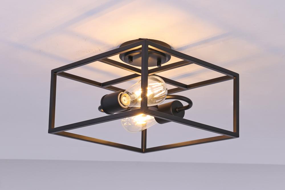 12" 2X60 w Semi-Flush Mount in Black finish with replaceable socket rings