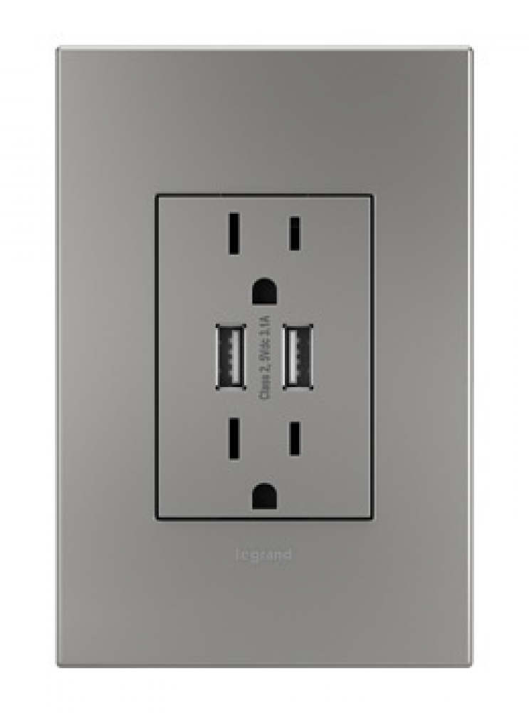 adorne Dual-USB Outlet with Magnesium Wall Plate, Magnesium