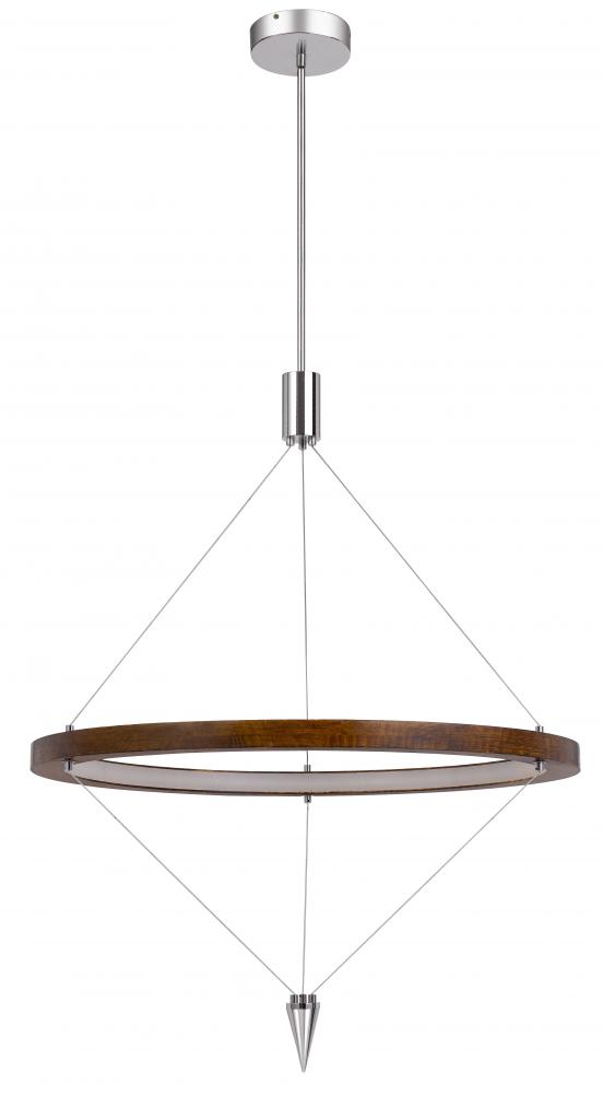 Viterbo integrated dimmable LED pine wood pendant fixture with suspended steel braided wire.
