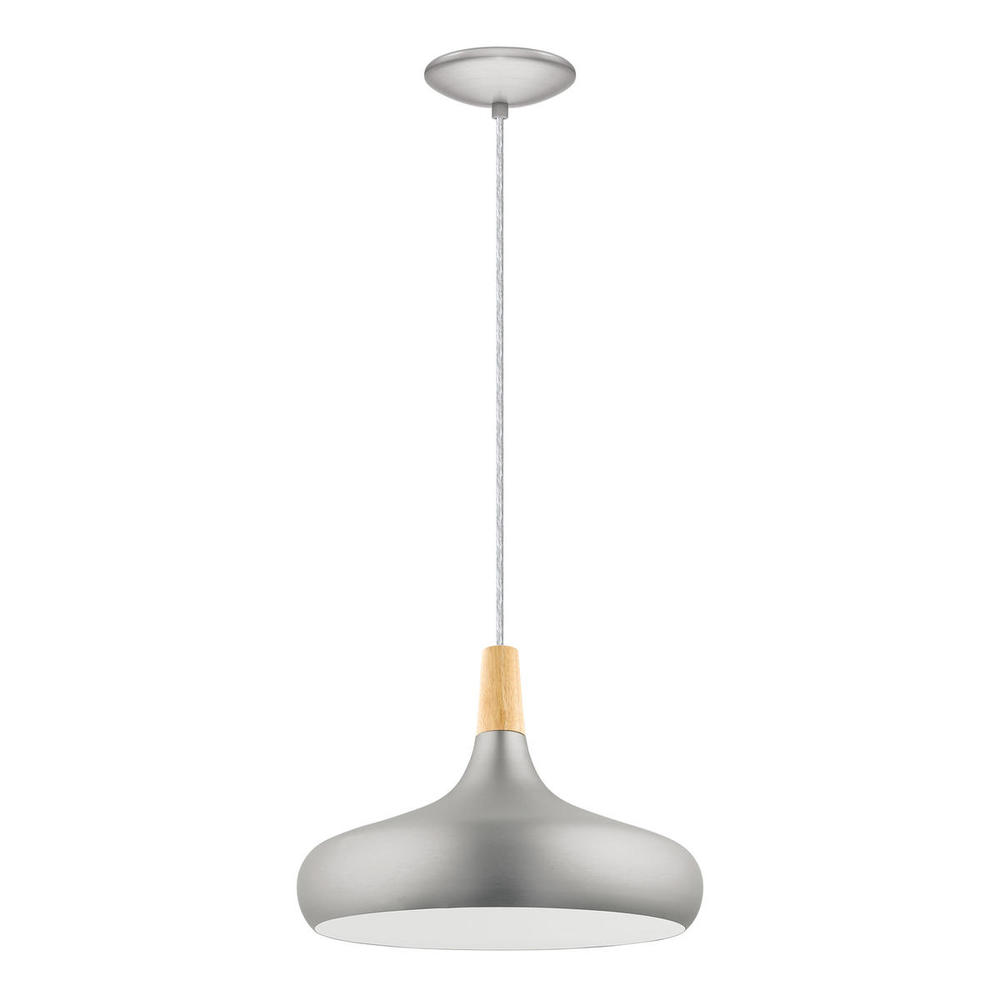 1 LT Pendant w/ Brushed Nickel Finish & Brushed Nickel w/ White Interior Shade w/ Wood Accent