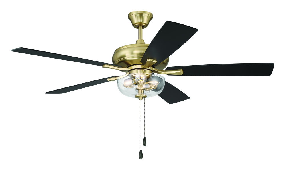Eos 52" 5-Blade Clear 2 Light Bowl Ceiling Fan in Satin Brass w/ Black Walnut/Flat Black Blades