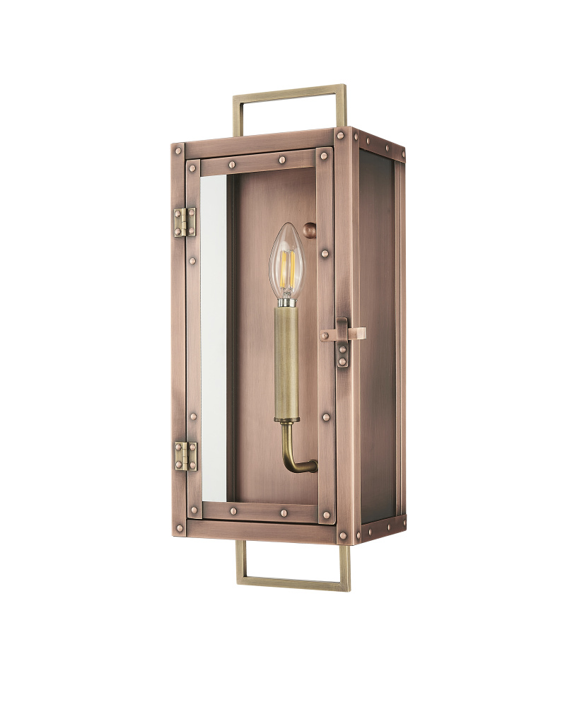 18 in. 1-Light Antique Copper With Brass Accents Outdoor Wall Lantern With Clear Glass Panes