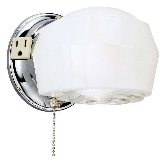 1 Light Wall Fixture with Ground Convenience Outlet and Pull Chain Chrome Finish