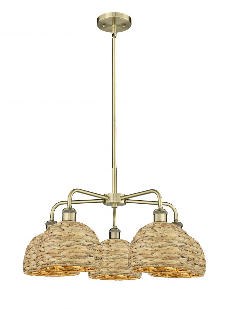 Woven Rattan - 5 Light - 27 inch - Antique Brass - Stem hung - Chandelier