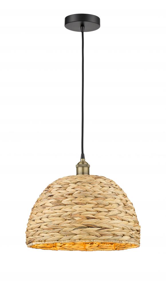 Woven Rattan - 1 Light - 16 inch - Black Antique Brass - Cord hung - Mini Pendant