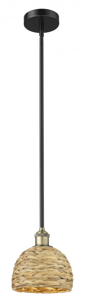 Woven Rattan - 1 Light - 8 inch - Black Antique Brass - Mini Pendant