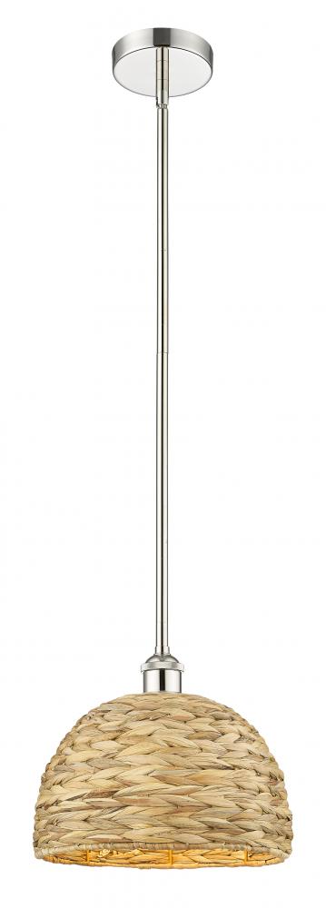 Woven Rattan - 1 Light - 12 inch - Polished Nickel - Stem hung - Mini Pendant