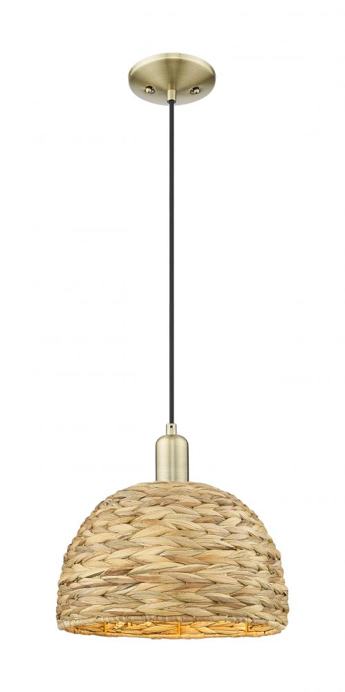Woven Rattan - 1 Light - 12 inch - Antique Brass - Cord hung - Mini Pendant