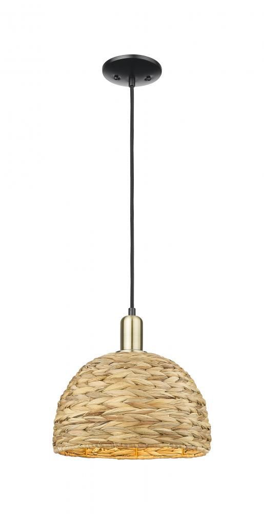 Woven Rattan - 1 Light - 12 inch - Black Antique Brass - Cord hung - Mini Pendant