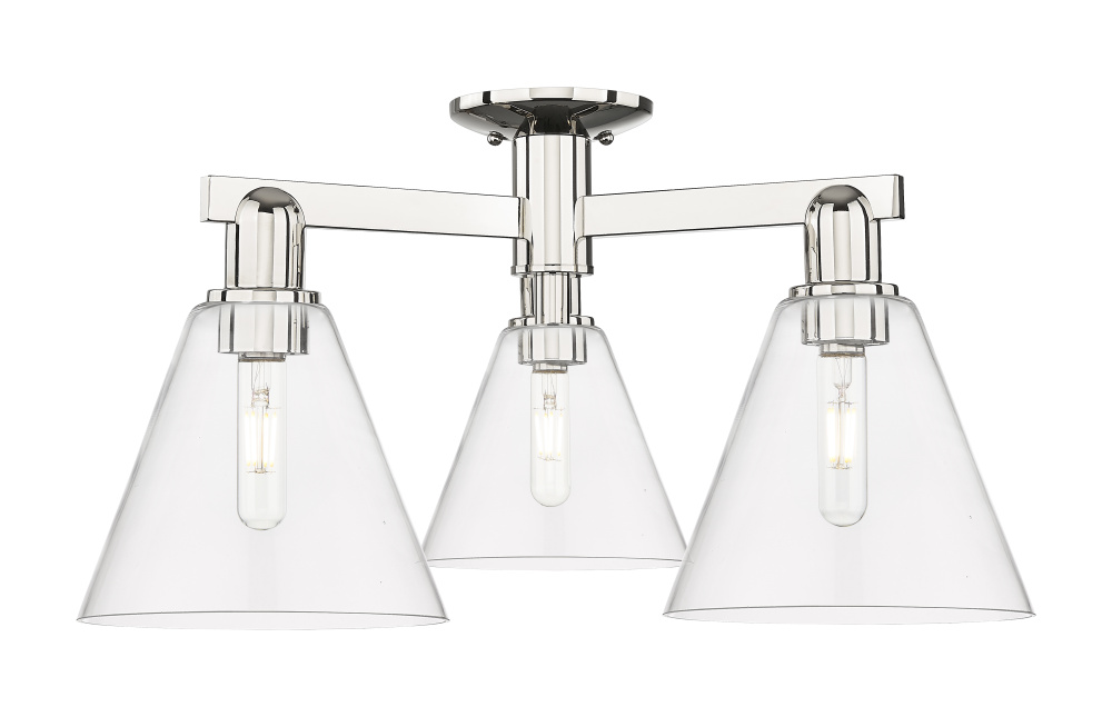 Berkshire Glass - 3 Light - 26 inch - Polished Nickel - Semi-Flush Mount