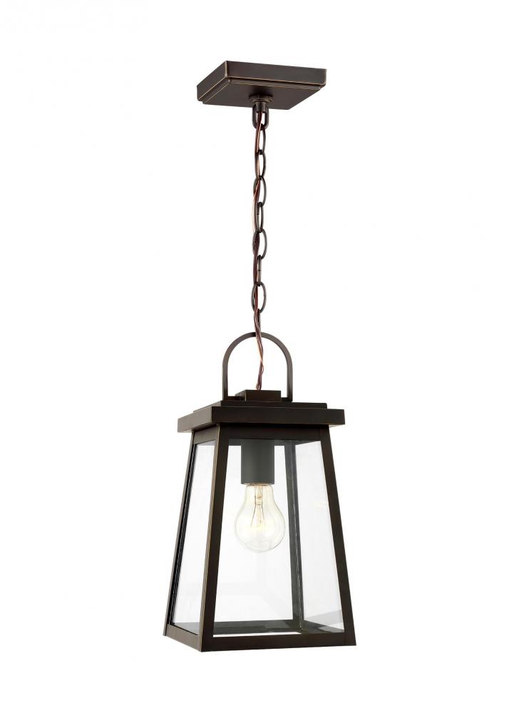 Founders modern 1-light outdoor exterior ceiling hanging pendant in antique bronze finish with clear