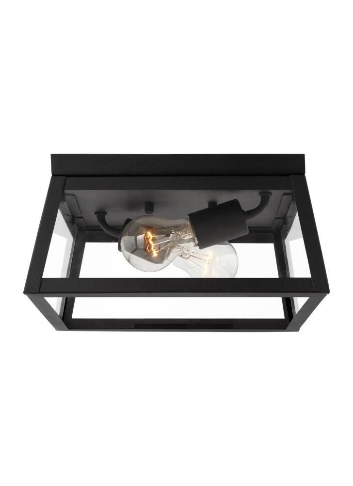 Founders modern 2-light outdoor exterior ceiling flush mount in black finish with clear glass panels