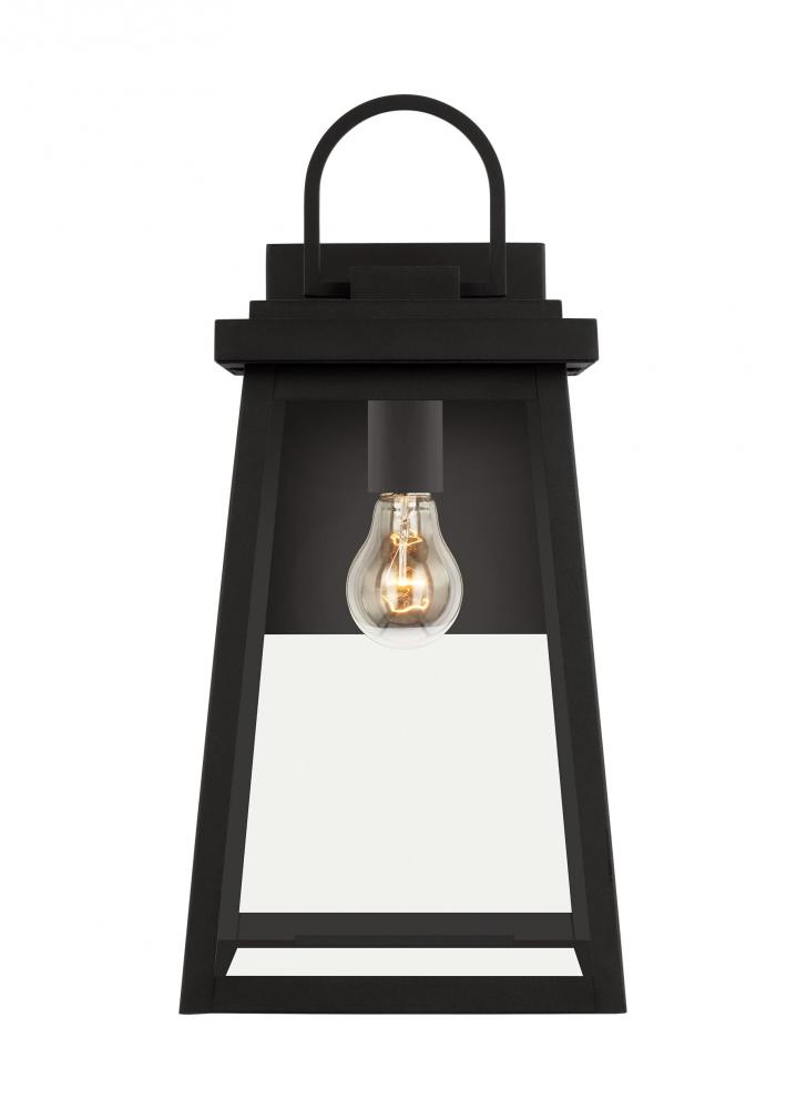 Founders modern 1-light outdoor exterior large wall lantern sconce in black finish with clear glass