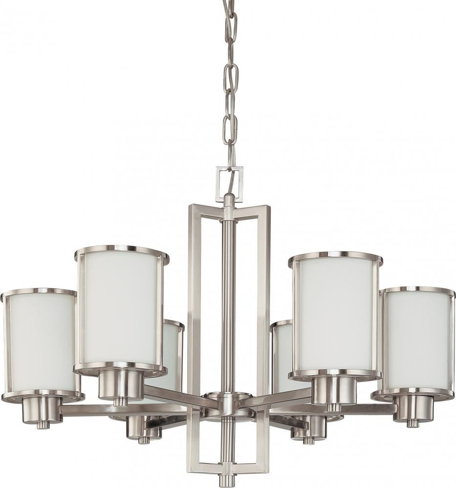 Odeon - 6 Light (convertible up with down) Chandelier with Satin White Glass - Brushed Nickel Finish