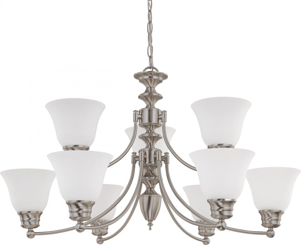 Empire - 9 Light 2 Tier Chandelier with Frosted White Glass - Brushed Nickel Finish