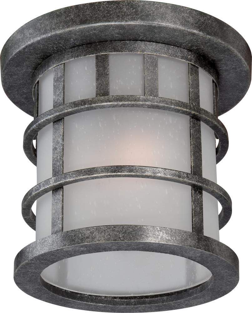 2-Light Outdoor Flush Mounted Fixture in Aged Silver Finish with Frosted Seed Glass