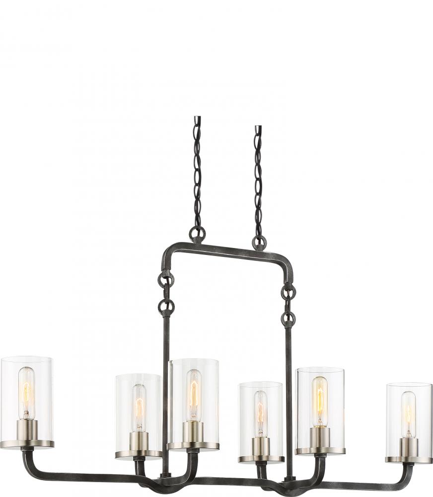 Sherwood - 6 Light Island Pendant with Clear Glass -Iron Black Finish with Brushed Nickel Accents