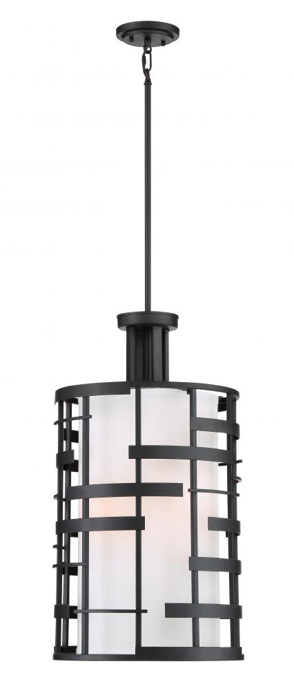Lansing - 4 Light Pendant with White Fabric Shade & Opal Diffuser - Midnight Bronze Finish