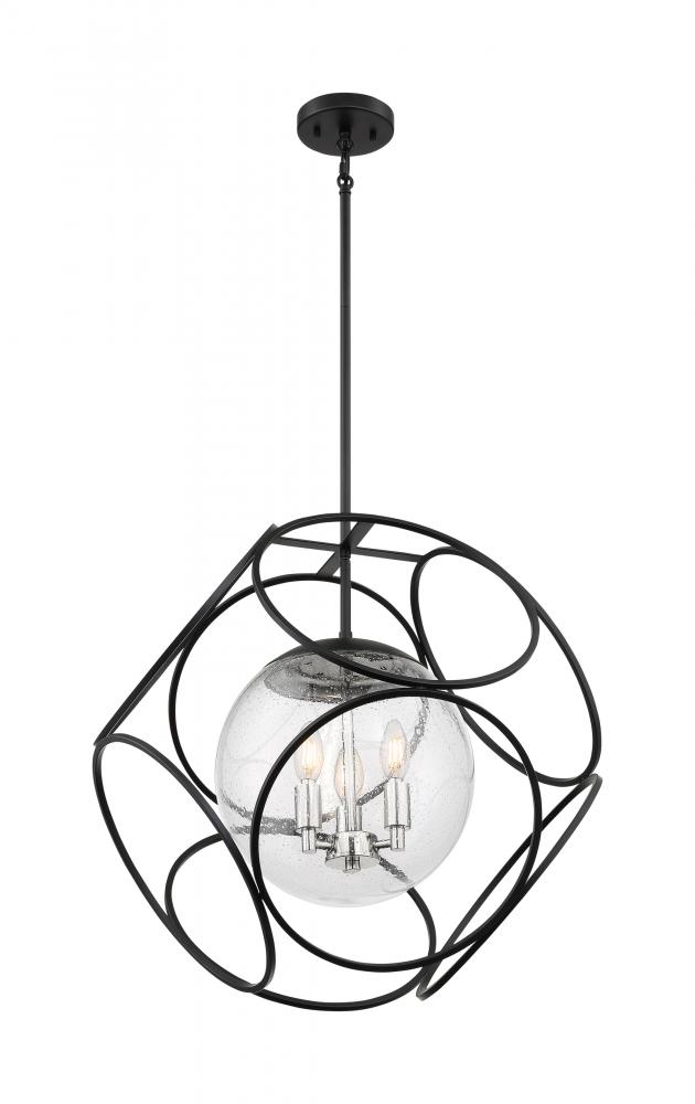 Aurora - 3 Light Pendant with Seeded Glass - Black and Polished Nickel Finish