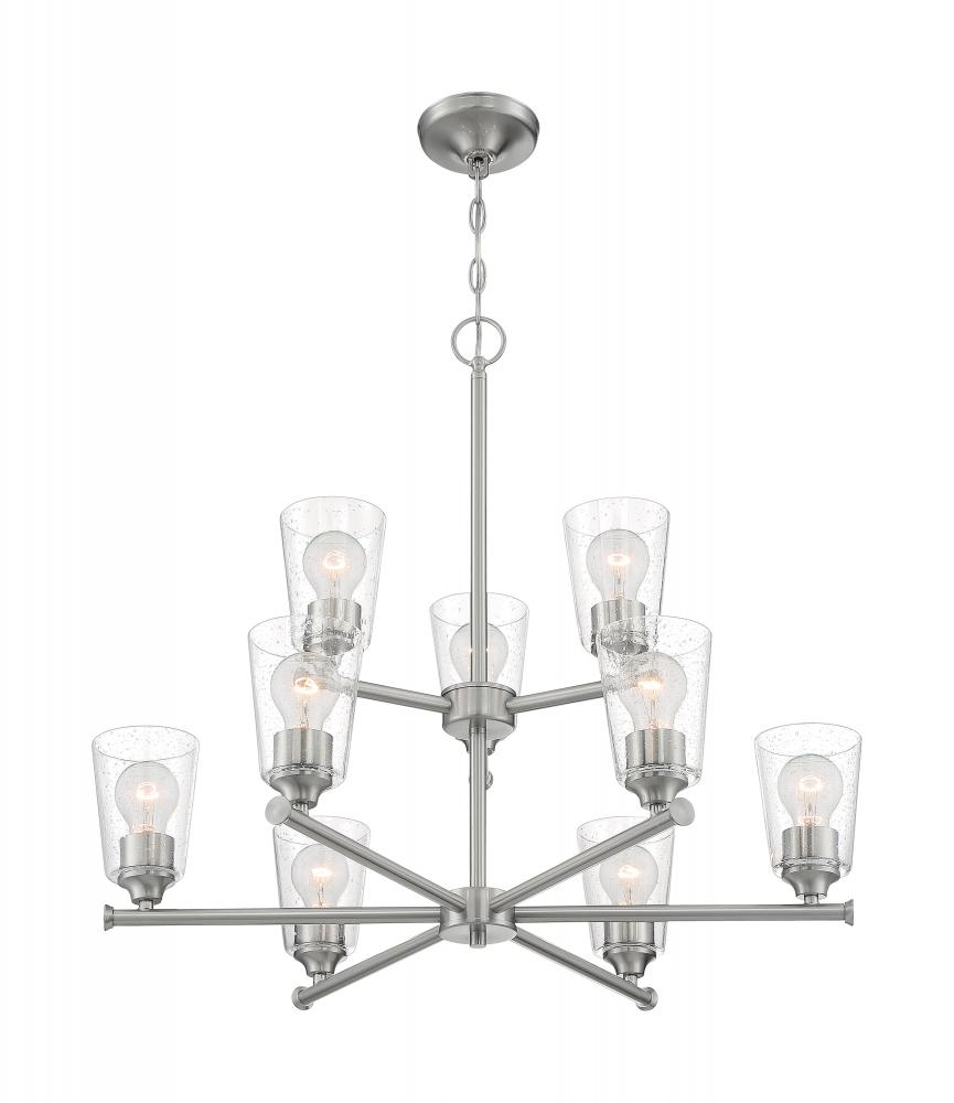 Bransel - 9 Light Chandelier with Seeded Glass - Brushed Nickel Finish