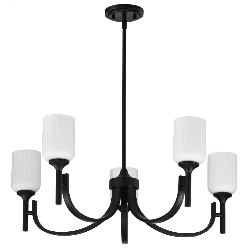 Solara; 5 Light Chandelier; Matte Black Finish; Frosted Ribbed Glass