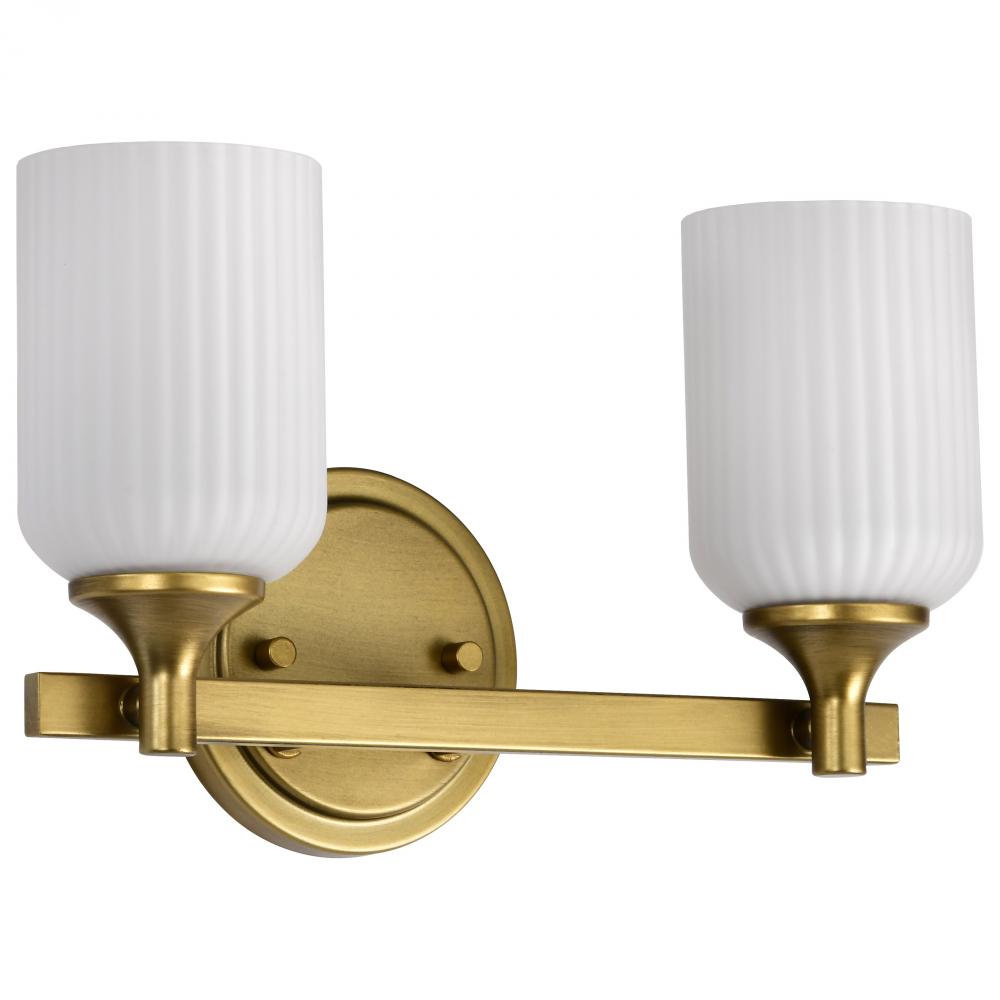 Solara; 2 Light Vanity; Natural Brass Finish; Frosted Ribbed Glass