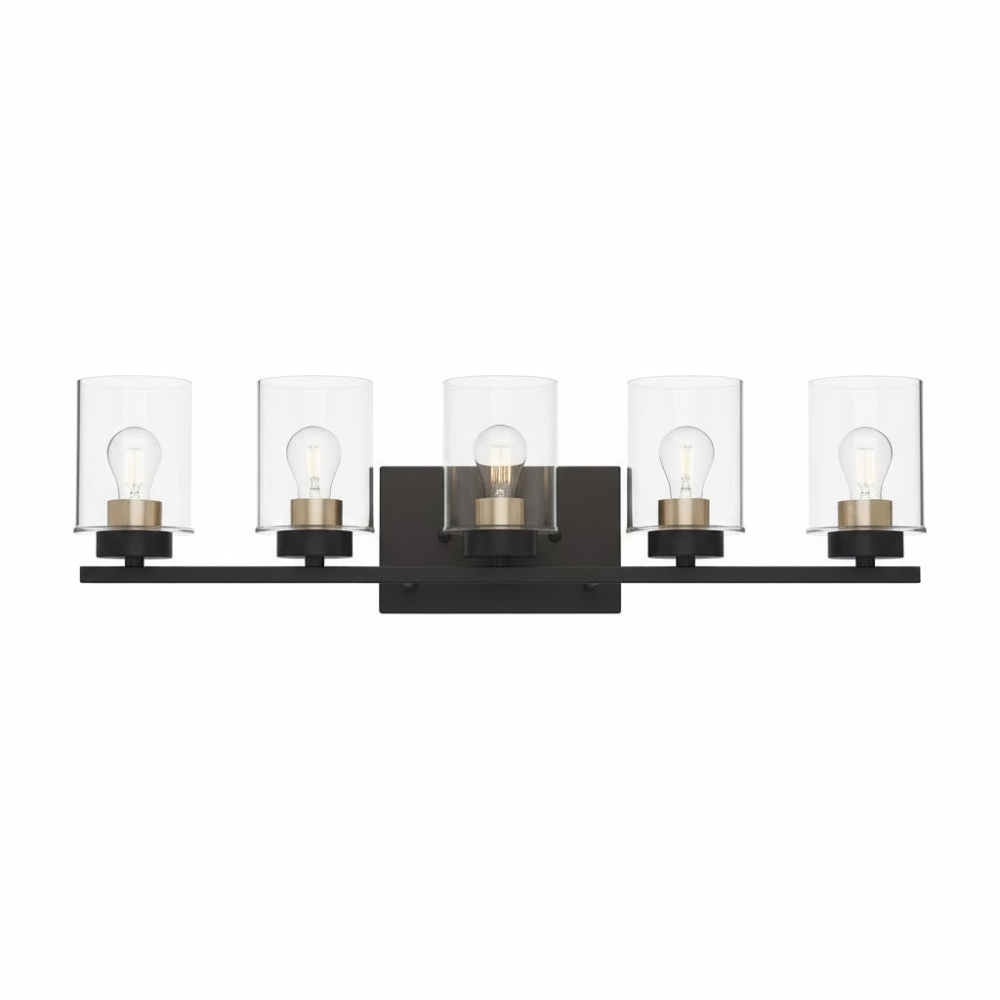 5-Light Clear Glass Vanity - MB w CG Socket Rings